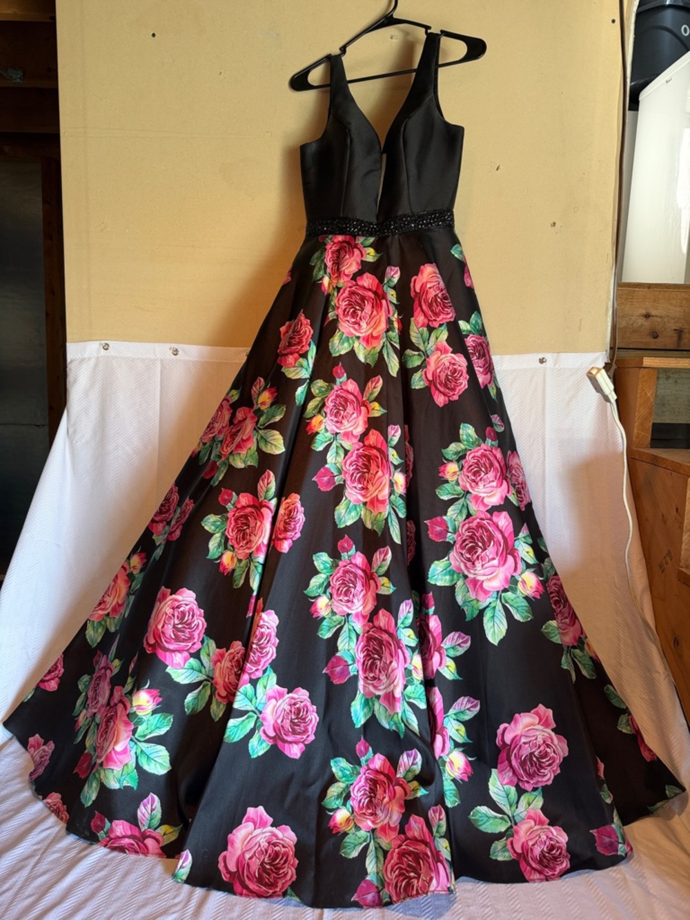 Black Floral Prom Dress with Pink Roses, Beads, & Crinoline Size Small (4/6)